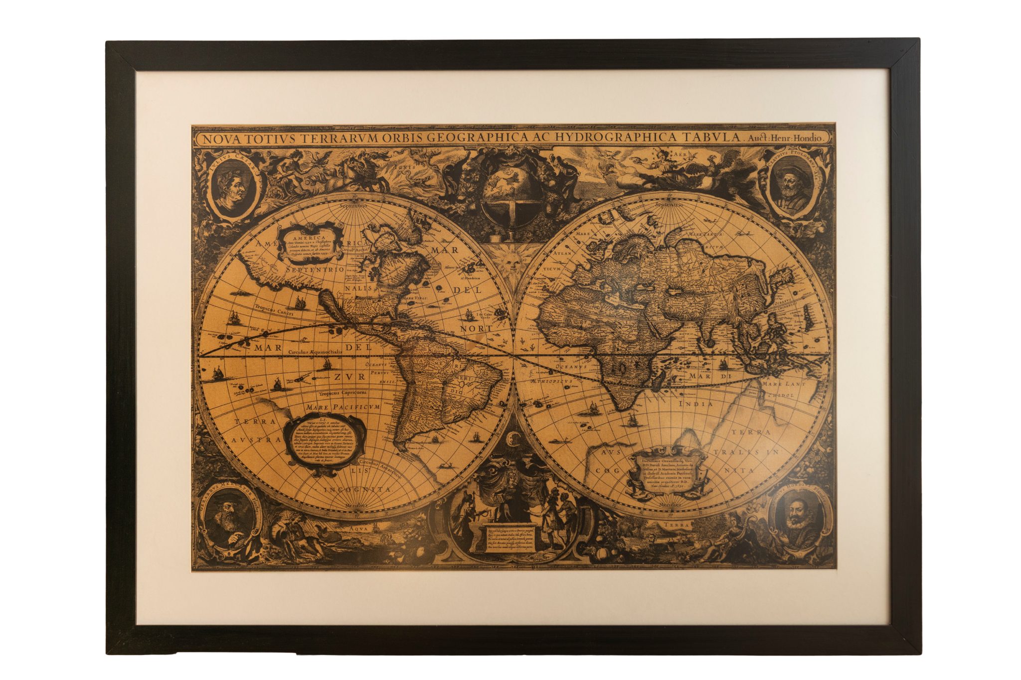 Retratos de César, Ptolomeo, Mercator y Jodocus Hondius